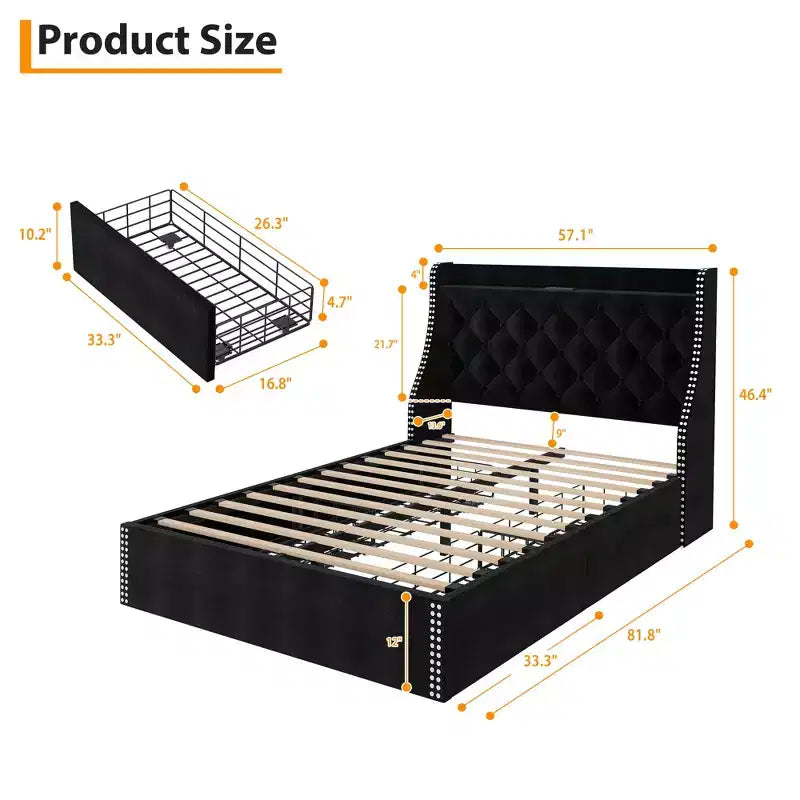 Bed Frame with 4 Storage Drawers, Bed Frame with Wing Back Headboard, Charging Station, Diamond Cluster Design, No Spring Box,