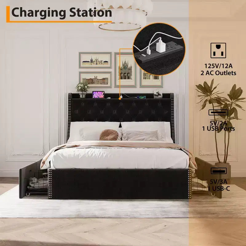 Bed Frame with 4 Storage Drawers, Bed Frame with Wing Back Headboard, Charging Station, Diamond Cluster Design, No Spring Box,