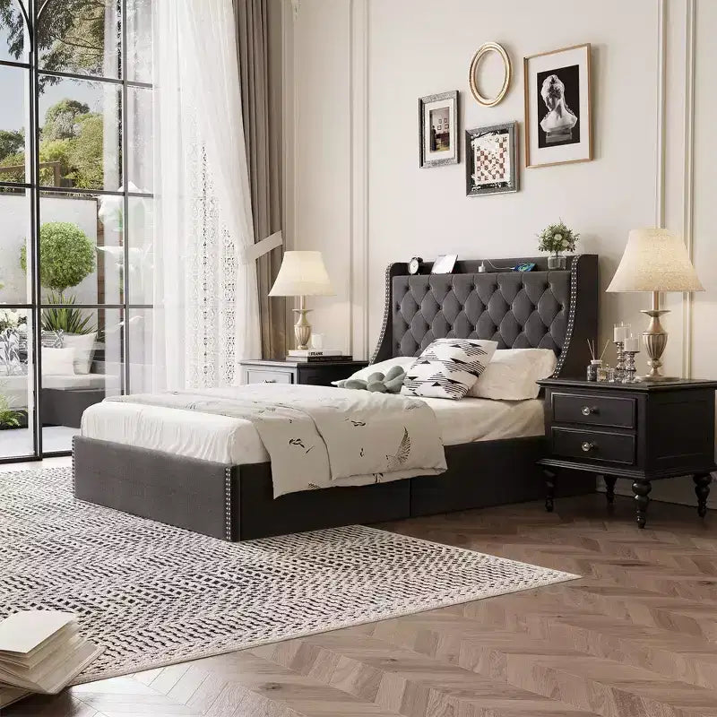 Bed Frame with 4 Storage Drawers, Bed Frame with Wing Back Headboard, Charging Station, Diamond Cluster Design, No Spring Box,
