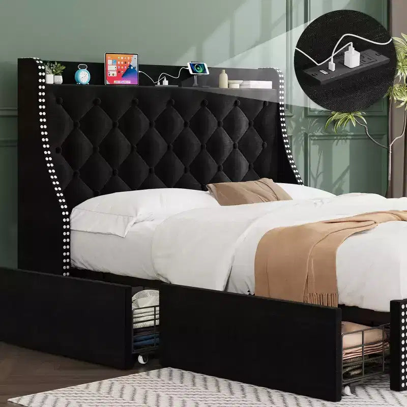 Bed Frame with 4 Storage Drawers, Bed Frame with Wing Back Headboard, Charging Station, Diamond Cluster Design, No Spring Box,