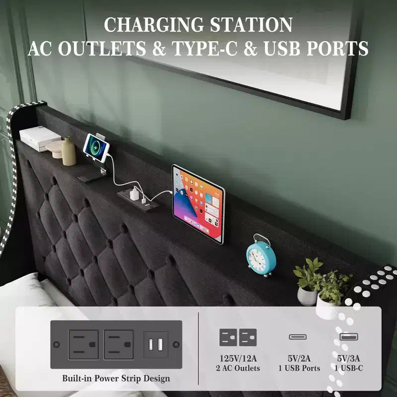 Bed Frame with 4 Storage Drawers, Bed Frame with Wing Back Headboard, Charging Station, Diamond Cluster Design, No Spring Box,