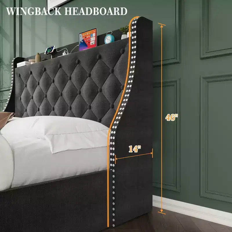 Bed Frame with 4 Storage Drawers, Bed Frame with Wing Back Headboard, Charging Station, Diamond Cluster Design, No Spring Box,