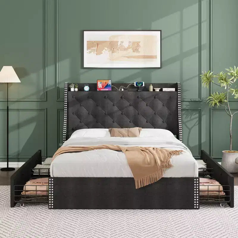 Bed Frame with 4 Storage Drawers, Bed Frame with Wing Back Headboard, Charging Station, Diamond Cluster Design, No Spring Box,