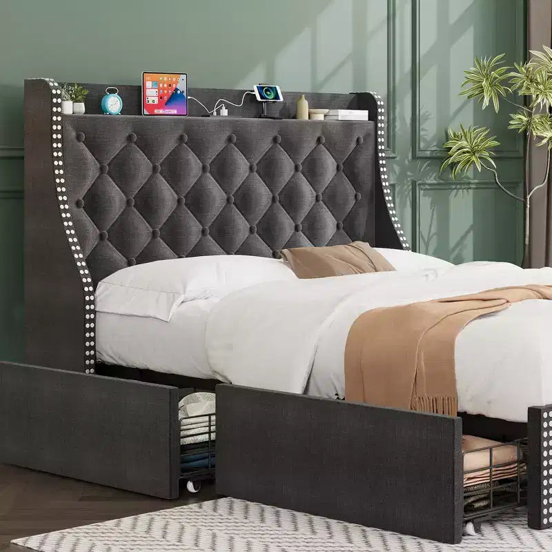 Bed Frame with 4 Storage Drawers, Bed Frame with Wing Back Headboard, Charging Station, Diamond Cluster Design, No Spring Box,