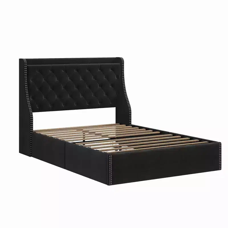 Bed Frame with 4 Storage Drawers, Bed Frame with Wing Back Headboard, Charging Station, Diamond Cluster Design, No Spring Box,