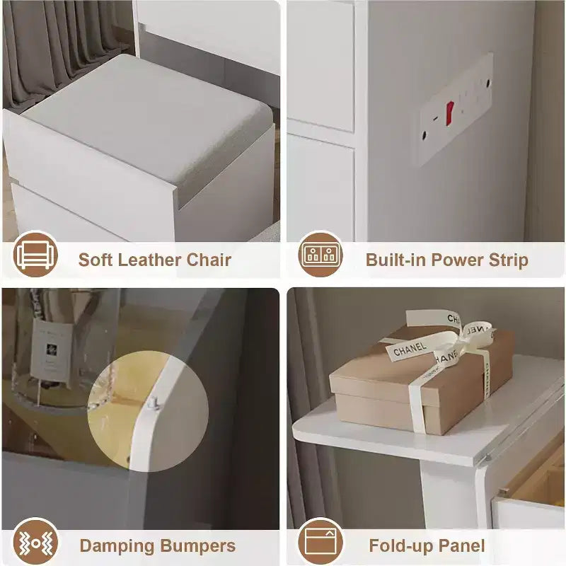 3-in-1 vanity table with mirror and lights, vanity table with 3 drawers, corner vanity set with soft stool, suitable for living room/bedroom