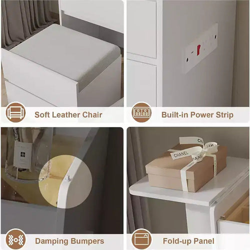 3-in-1 vanity table with mirror and lights, vanity table with 3 drawers, corner vanity set with soft stool, suitable for living room/bedroom