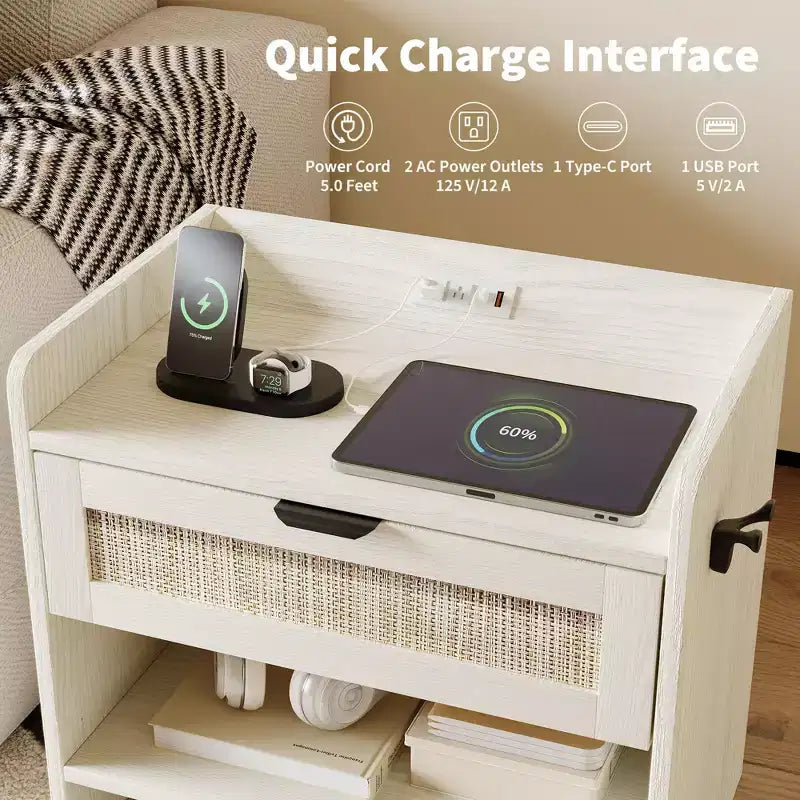 Rattan Nightstand with Drawer, Modern End Table with Open Shlef, Sofa Side Table for Small Spaces, Accent Bedside Table for Living Room Bedroom