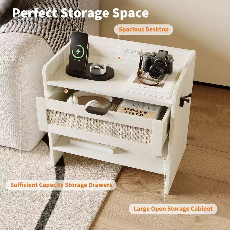 Rattan Nightstand with Drawer, Modern End Table with Open Shlef, Sofa Side Table for Small Spaces, Accent Bedside Table for Living Room Bedroom