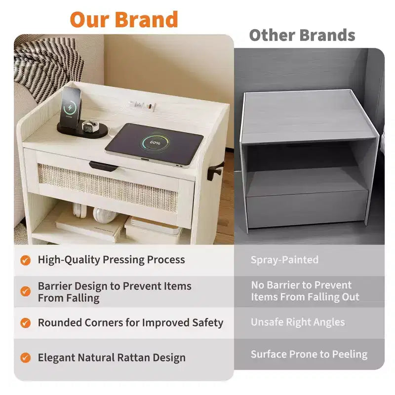 Rattan Nightstand with Drawer, Modern End Table with Open Shlef, Sofa Side Table for Small Spaces, Accent Bedside Table for Living Room Bedroom