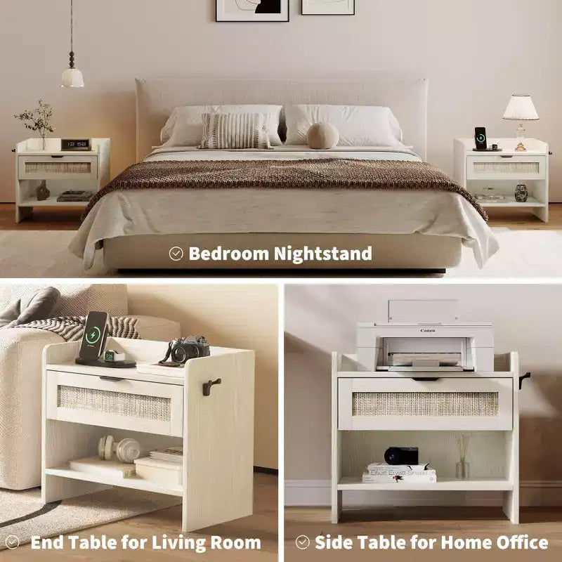 Rattan Nightstand with Drawer, Modern End Table with Open Shlef, Sofa Side Table for Small Spaces, Accent Bedside Table for Living Room Bedroom
