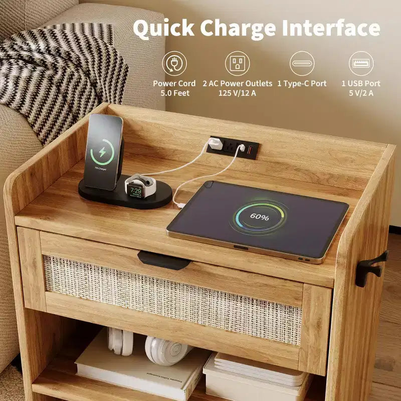 Rattan Nightstand with Drawer, Modern End Table with Open Shlef, Sofa Side Table for Small Spaces, Accent Bedside Table for Living Room Bedroom