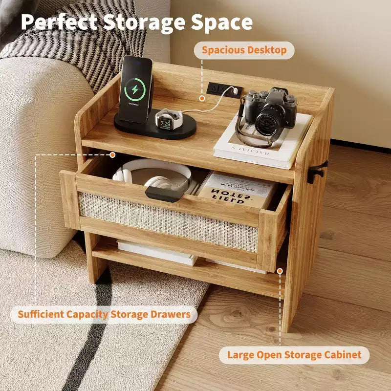 Rattan Nightstand with Drawer, Modern End Table with Open Shlef, Sofa Side Table for Small Spaces, Accent Bedside Table for Living Room Bedroom