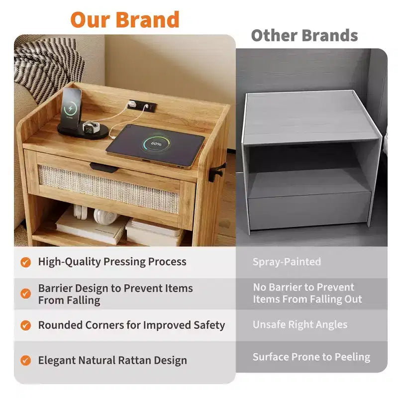 Rattan Nightstand with Drawer, Modern End Table with Open Shlef, Sofa Side Table for Small Spaces, Accent Bedside Table for Living Room Bedroom