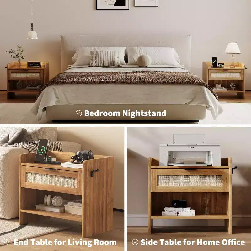 Rattan Nightstand with Drawer, Modern End Table with Open Shlef, Sofa Side Table for Small Spaces, Accent Bedside Table for Living Room Bedroom