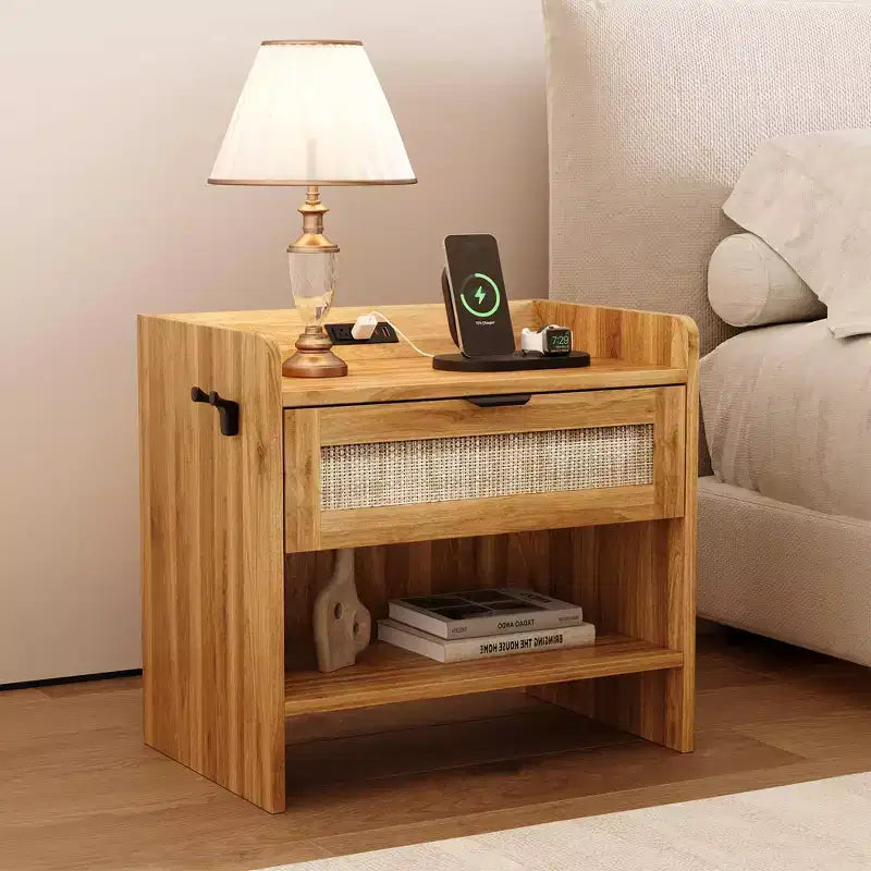 Rattan Nightstand with Drawer, Modern End Table with Open Shlef, Sofa Side Table for Small Spaces, Accent Bedside Table for Living Room Bedroom