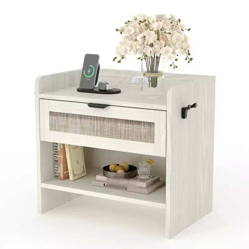 Rattan Nightstand with Drawer, Modern End Table with Open Shlef, Sofa Side Table for Small Spaces, Accent Bedside Table for Living Room Bedroom
