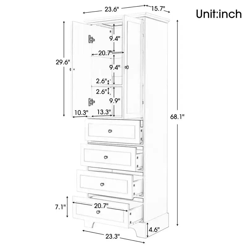 Okak Modern Bathroom Storage Cabinet with 2 Doors and 4 Drawers, 68Inch Tall Cabinet with Adjustable Shelf