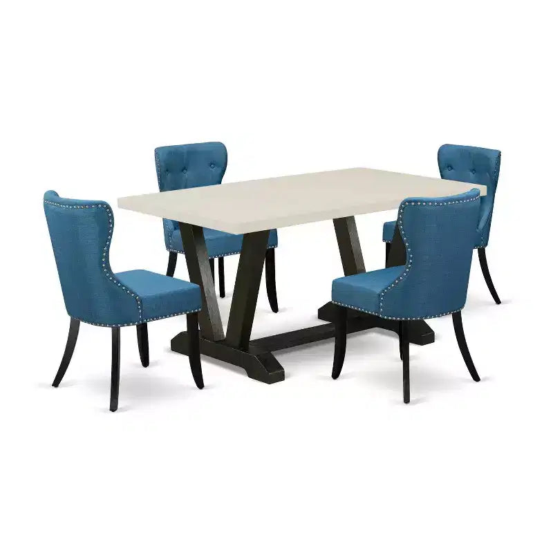 HomeStock 5-Piece Rectangle Natural Oak Finish Solid Wood Top Dining Table with 4 Parson Chair