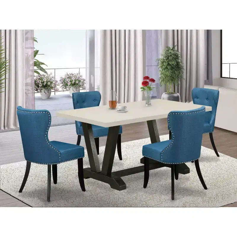 HomeStock 5-Piece Rectangle Natural Oak Finish Solid Wood Top Dining Table with 4 Parson Chair