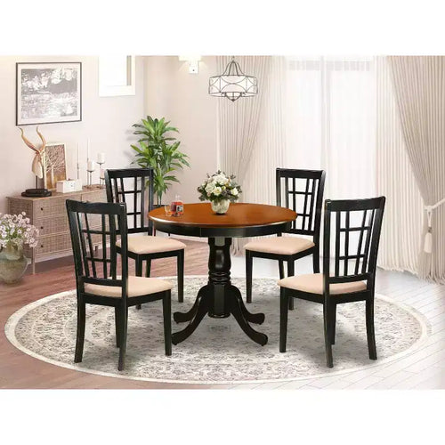 5-Piece Round Black Finish Solid Wood Top Dining table with 4-Chairs with