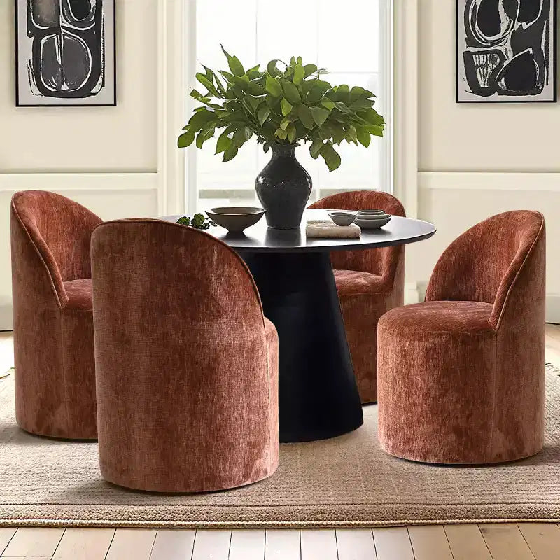 Chenille Upholstered Dining Chairs Set of 4, Modern Rounded Backs Barrel Chairs with Casters for Kitchen or Round Dining Table - Panipeachy