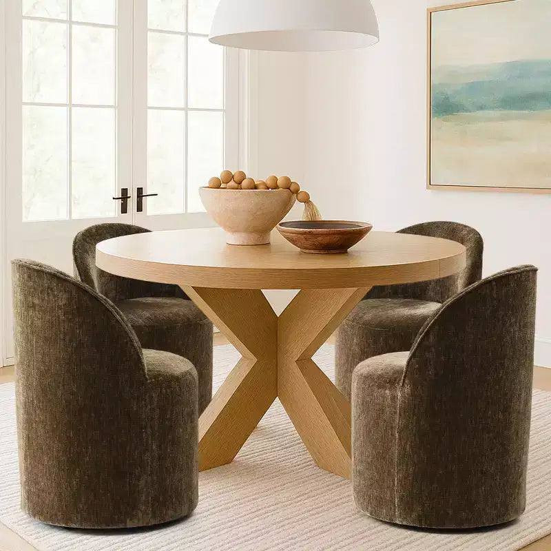 Chenille Upholstered Dining Chairs Set of 4, Modern Rounded Backs Barrel Chairs with Casters for Kitchen or Round Dining Table - Panipeachy