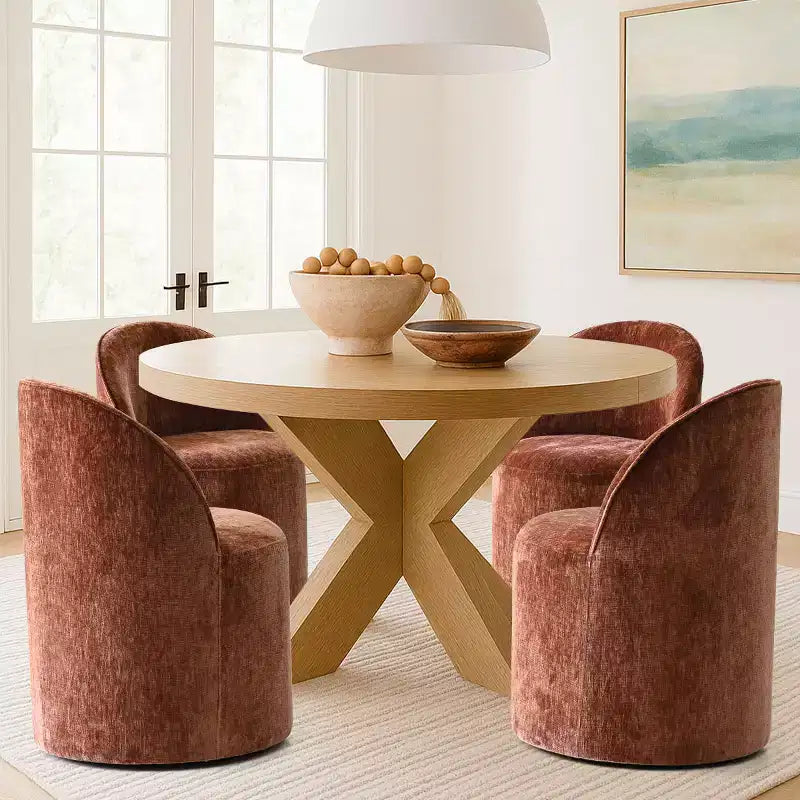 Chenille Upholstered Dining Chairs Set of 4, Modern Rounded Backs Barrel Chairs with Casters for Kitchen or Round Dining Table - Panipeachy