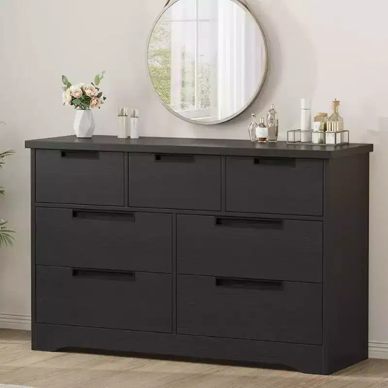 Wooden 7 Drawer Dresser for Bedroom, Black 7 Chest of Drawers with Embedded Handles, Modern Dresser Organizer Tv Stand for Home Office