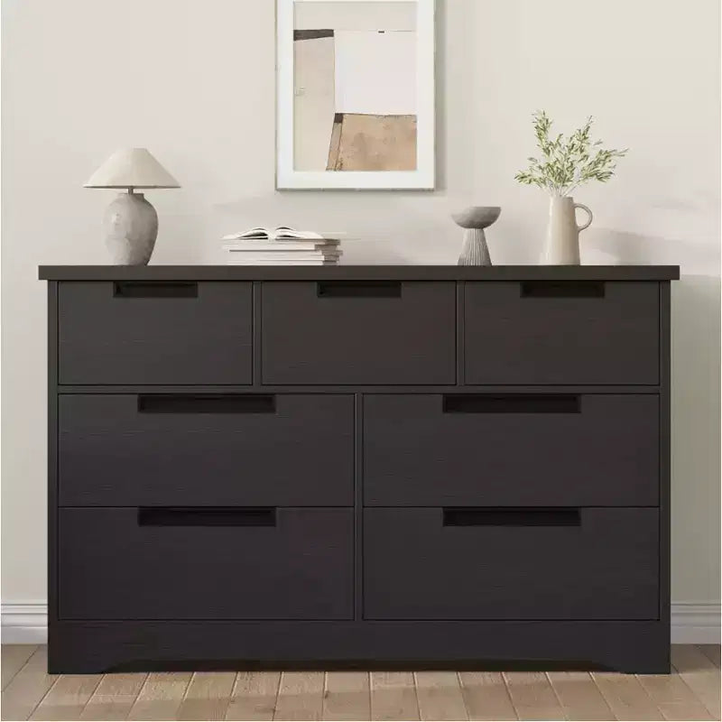 Wooden 7 Drawer Dresser for Bedroom, Black 7 Chest of Drawers with Embedded Handles, Modern Dresser Organizer Tv Stand for Home Office