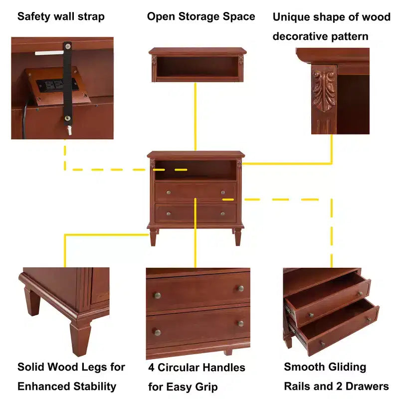 Zeus & Ruta Open Space and 2 Drawers Dresser Nightstand with Charging Station, with USB Ports and Outlets, for Bedroom