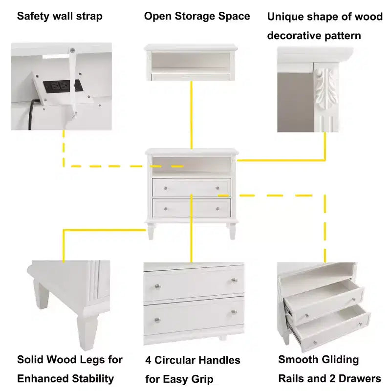 Zeus & Ruta Open Space and 2 Drawers Dresser Nightstand with Charging Station, with USB Ports and Outlets, for Bedroom