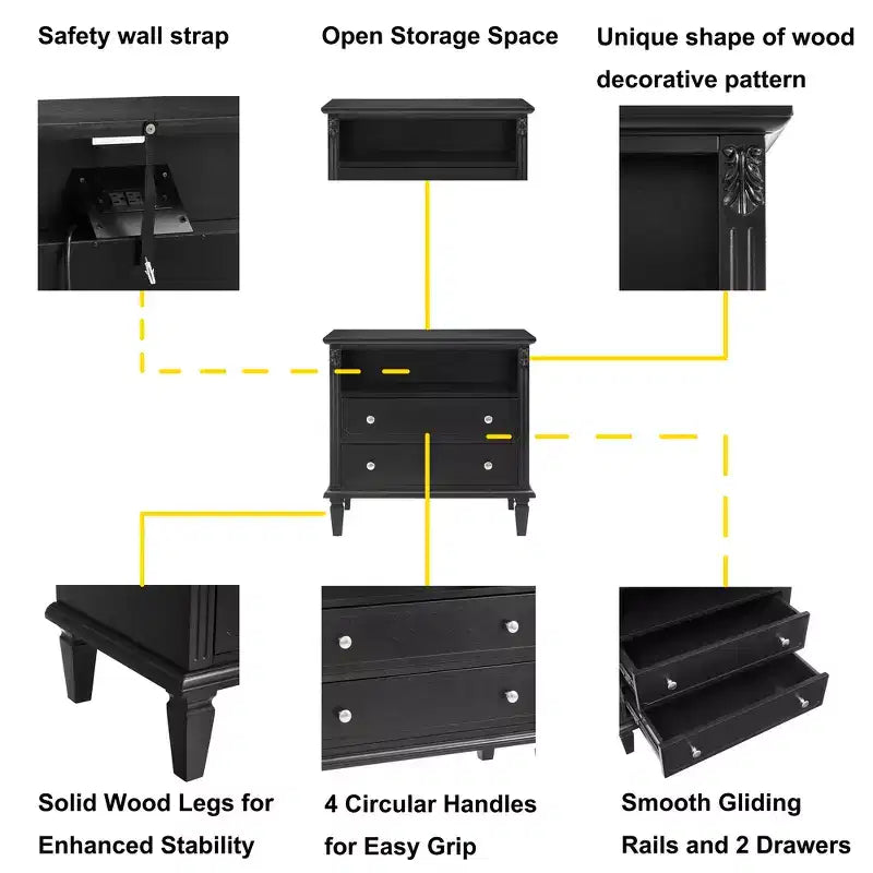 Zeus & Ruta Open Space and 2 Drawers Dresser Nightstand with Charging Station, with USB Ports and Outlets, for Bedroom