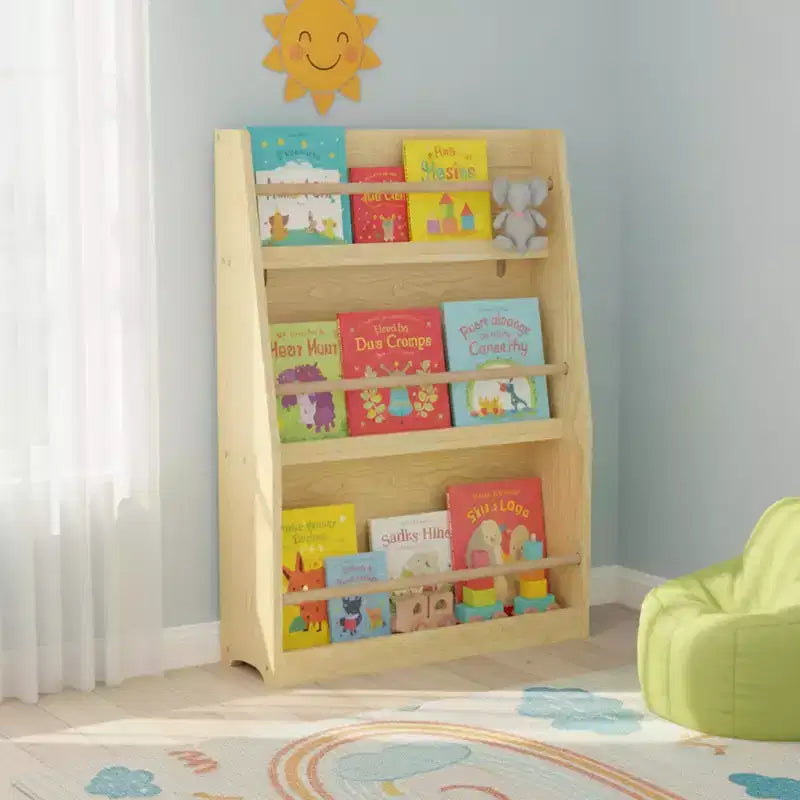 Homy Casa Kids 3-Tier Front-Facing Bookshelf for Playroom or Bedroom, Natural