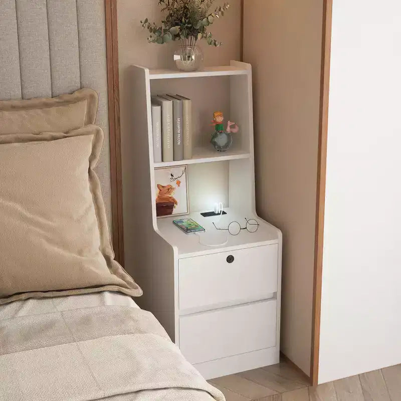 Lockable Storage Cabinet with Charging Station, 2-Tier Open Shelves, and 50 Ibs LoadIdeal as a Nightstand or Bedside Table,White