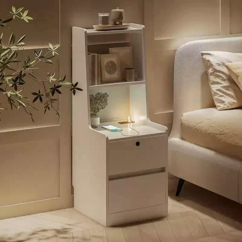 Lockable Storage Cabinet with Charging Station, 2-Tier Open Shelves, and 50 Ibs LoadIdeal as a Nightstand or Bedside Table,White