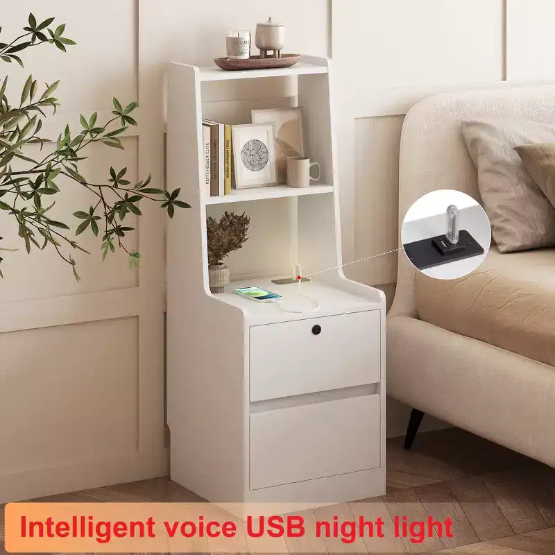 Lockable Storage Cabinet with Charging Station, 2-Tier Open Shelves, and 50 Ibs LoadIdeal as a Nightstand or Bedside Table,White
