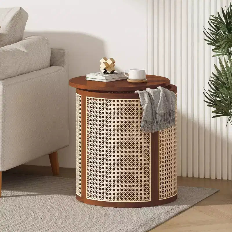 MAYEERTY 1 Pack Rattan Round Side Table with Storage, Boho End Table for Living Room, Bedroom, Modern Home Decor