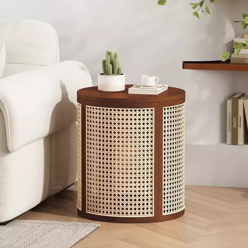 MAYEERTY 1 Pack Rattan Round Side Table with Storage, Boho End Table for Living Room, Bedroom, Modern Home Decor