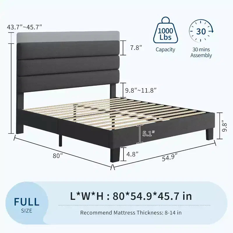 Platform Bed Frame with Adjustable Headboard, Fabric Upholstered and Wooden Slats Support, Heavy Duty Foundation, for Bedroom, Dark Grey