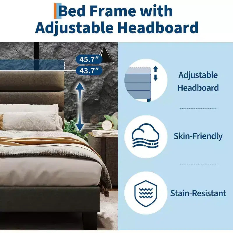 Platform Bed Frame with Adjustable Headboard, Fabric Upholstered and Wooden Slats Support, Heavy Duty Foundation, for Bedroom, Dark Grey
