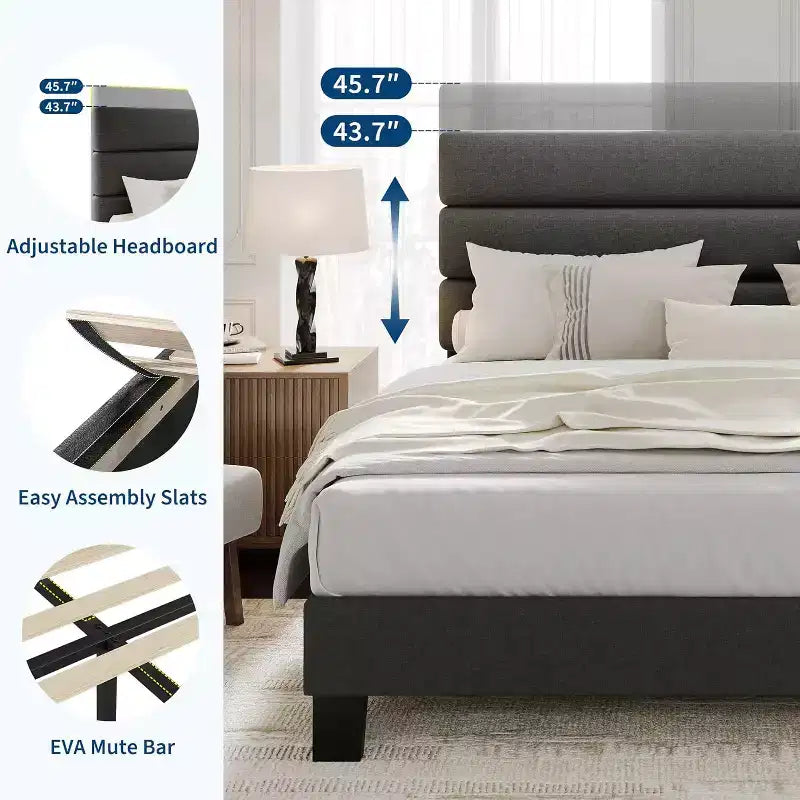 Platform Bed Frame with Adjustable Headboard, Fabric Upholstered and Wooden Slats Support, Heavy Duty Foundation, for Bedroom, Dark Grey
