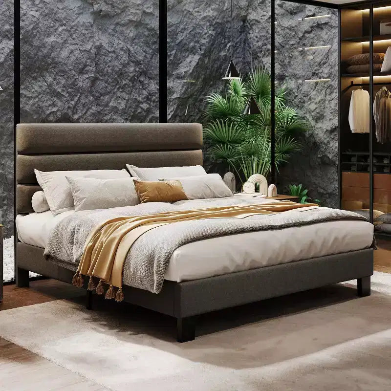 Platform Bed Frame with Adjustable Headboard, Fabric Upholstered and Wooden Slats Support, Heavy Duty Foundation, for Bedroom, Dark Grey