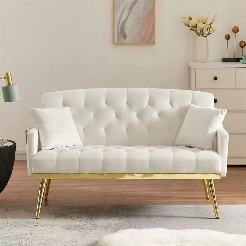 2-Seater Velvet Loveseat Sofa  Tufted Back, Metal Legs, with 2 Pillows, for Living Room, Bedroom or Office
