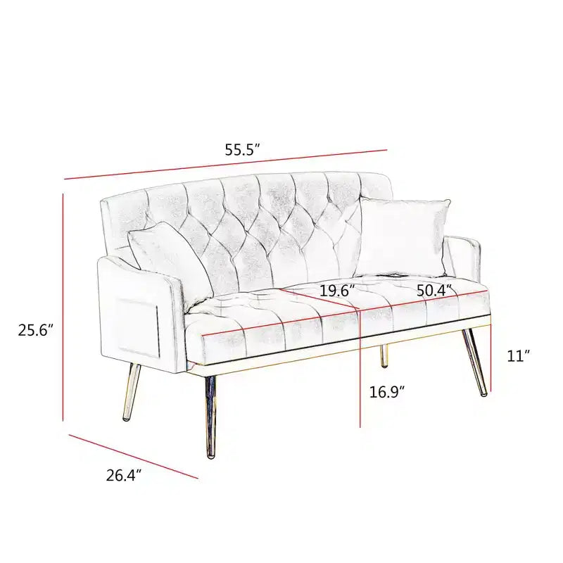 2-Seater Velvet Loveseat Sofa  Tufted Back, Metal Legs, with 2 Pillows, for Living Room, Bedroom or Office