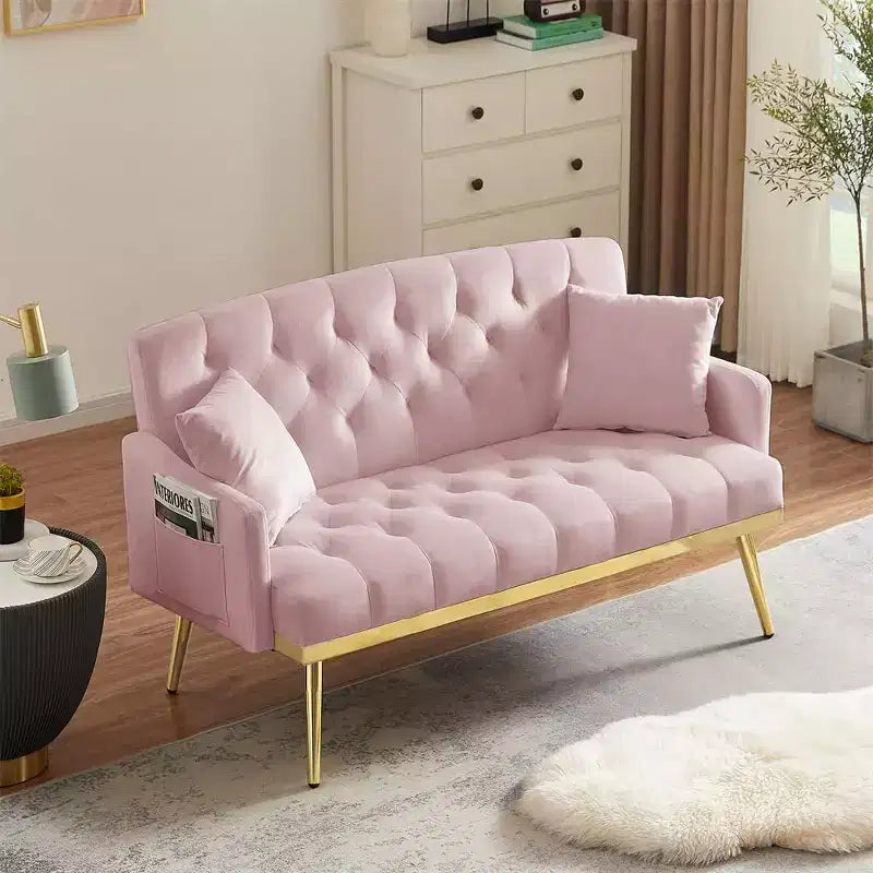 2-Seater Velvet Loveseat Sofa  Tufted Back, Metal Legs, with 2 Pillows, for Living Room, Bedroom or Office