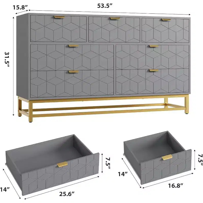53.5 Modern 7-Drawer Dresser with Gold Handles, Wide Storage Organizer for Bedroom, Living Room and Entryway