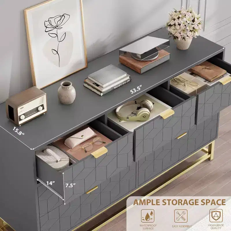 53.5 Modern 7-Drawer Dresser with Gold Handles, Wide Storage Organizer for Bedroom, Living Room and Entryway