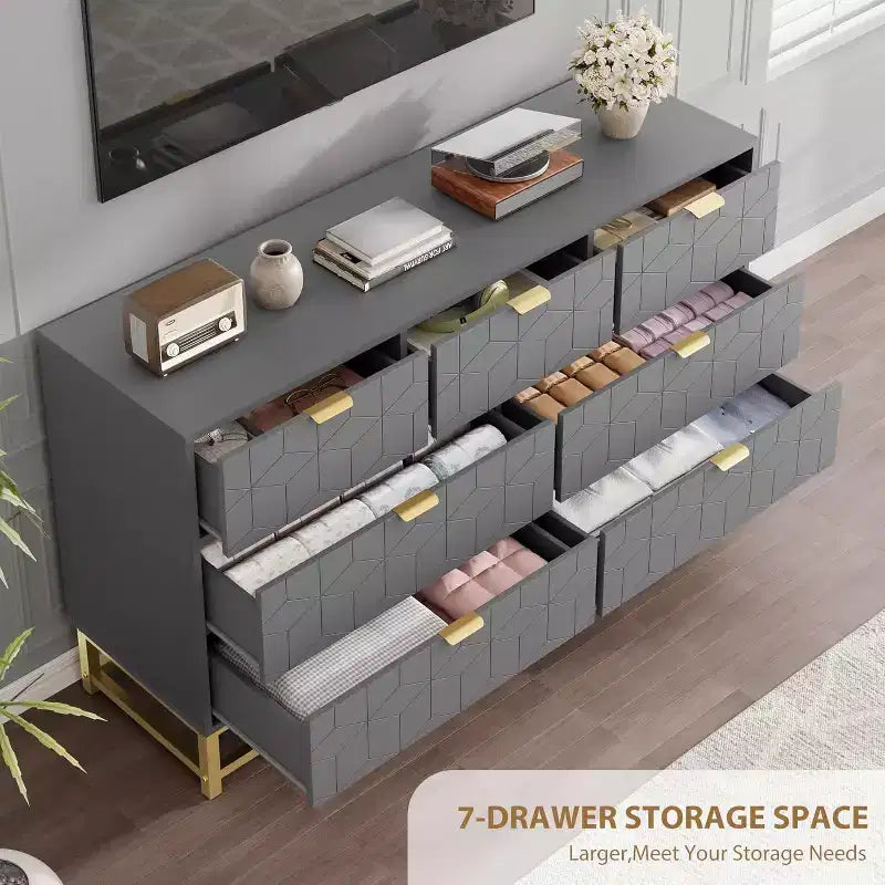 53.5 Modern 7-Drawer Dresser with Gold Handles, Wide Storage Organizer for Bedroom, Living Room and Entryway