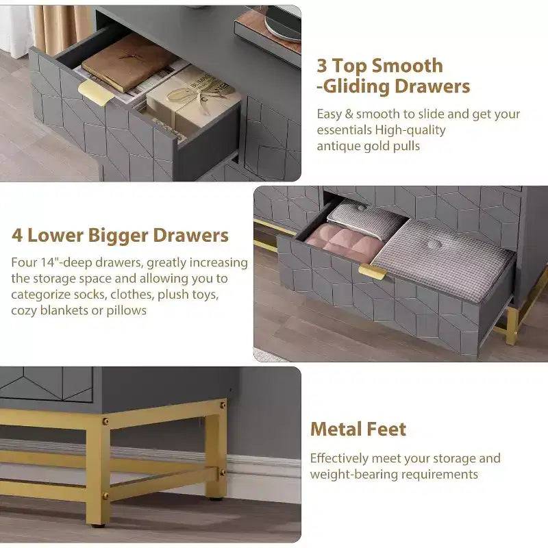53.5 Modern 7-Drawer Dresser with Gold Handles, Wide Storage Organizer for Bedroom, Living Room and Entryway